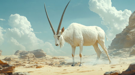 A close-up of an Arabian Oryx walking through the desert, its distinctive white coat shimmering in the hot sun with its horns stretched high.の素材