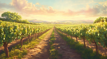 A charming vineyard with rows of grapevines stretching out to the horizon, bathed in soft sunlight, creating an idyllic backdrop for a wine-tasting experience.の素材