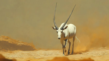 A close-up of an Arabian Oryx walking through the desert, its distinctive white coat shimmering in the hot sun with its horns stretched high.の素材