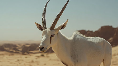 A close-up of an Arabian oryx with its striking white coat and long horns, set against the barren desert landscape of the UAE.の素材