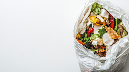 A close-up of a biodegradable bag filled with organic waste, such as coffee filters and vegetable peelings, placed on a white background.の素材