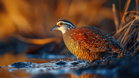 A close-up of a Northern Bobwhite sipping from a shallow stream, with its feathers glowing in the warm light of dawn.の素材
