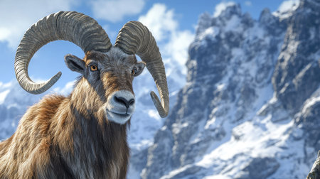 A close-up of a male Iberian ibex showcasing its large, curved horns, with the rugged peaks of the Sierra de Gredos in the background.の素材