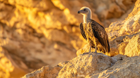 A close-up of a juvenile Egyptian vulture, its sharp beak and soft brown feathers contrasting against the golden hues of Monfrage's rocky landscape.の素材