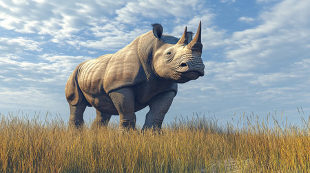A close-up of a majestic and rare white rhino standing tall in the African savannah, its formidable presence and unique features showcased against a wide open sky.の素材