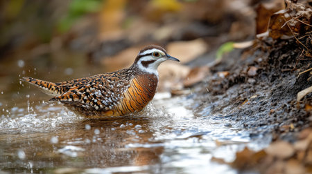 A close-up of a Northern Bobwhite drinking from a rain-filled gully in the Texas brush, its feathers ruffled slightly by the breeze.の素材