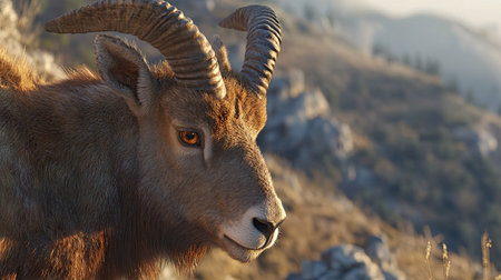A close-up of a male Iberian ibex's textured fur and majestic horns, with a blurred background of the Sierra de Gredos.の素材
