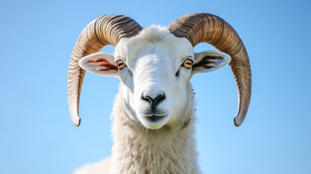 A close-up of a Dall sheep ram's face, highlighting its impressive horns and white coat, with a clear blue sky as the background.の素材