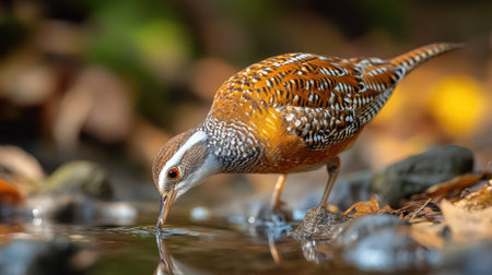 A close-up of a Northern Bobwhite bending down to drink from a small stream, with the background softly blurred to focus on the bird.の素材