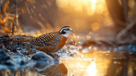 A close-up of a Northern Bobwhite sipping from a shallow stream, with its feathers glowing in the warm light of dawn.の素材