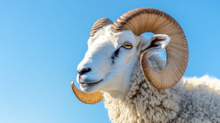 A close-up of a Dall sheep ram's face, highlighting its impressive horns and white coat, with a clear blue sky as the background.の素材