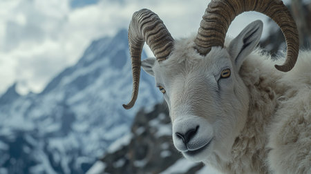A close-up of a mountain goat's face, showing its curved horns and textured fur, with a snowy peak in the background.の素材