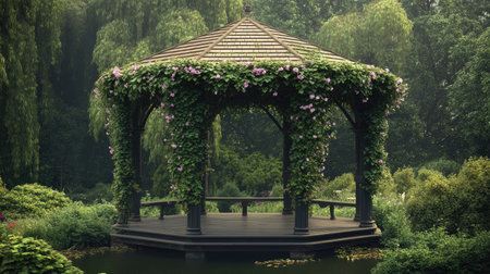A beautiful garden gazebo draped with ivy and flowers, set against a backdrop of lush greenery and a serene pond.の素材