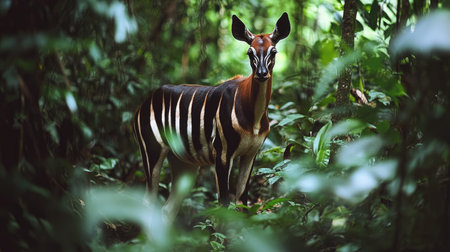 A beautiful and rare Okapi browsing in the dense rainforest of Central Africa, its striped legs and long neck standing out against the thick jungle undergrowth.の素材