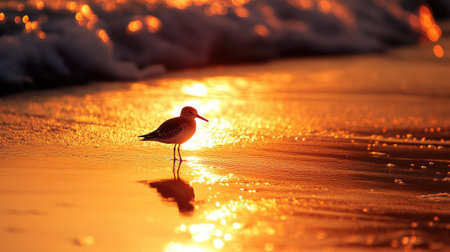 A close-up of a sanderling foraging in wet sand at sunset, its reflection shimmering in the golden light of the ocean.の素材