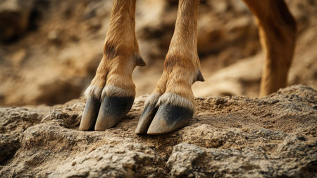 A close-up of a Nubian ibex's hooves gripping a rocky surface, demonstrating its agility in the desert terrain.の素材