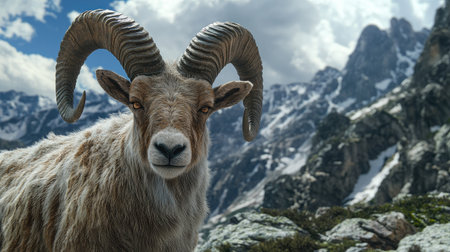 A close-up of a male Iberian ibex, focusing on its large, curved horns and textured fur, with the mountains of the Sierra de Gredos in the background.の素材