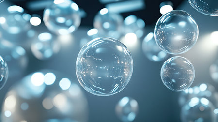 3D rendered shiny chat bubbles floating in an open room environment, reflecting light and creating a dynamic communication space. Perfect for digital interaction themes.の素材