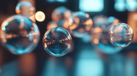 3D rendered shiny chat bubbles floating in an open room environment, reflecting light and creating a dynamic communication space. Perfect for digital interaction themes.の素材