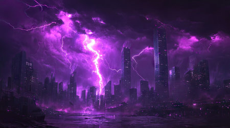 A cityscape under a powerful purple lightning storm, with intense lightning bolts illuminating the night and creating a striking contrast against the dark sky.の素材