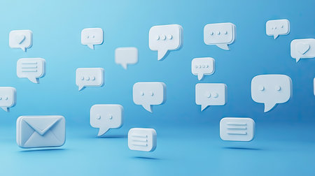 3D social media notification icons with white speech bubbles on a rich blue background. Great for illustrating online alerts and message notifications.の素材