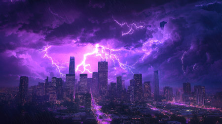 A dramatic storm with lightning bolts illuminating the city skyline in a vibrant purple hue, creating a stunning contrast against the night sky.の素材