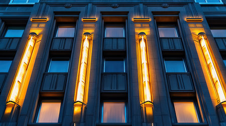 Art Deco building with geometric patterns and symmetrical design, illuminated by evening lights.の素材