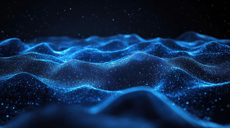 Abstract 3D terrain with horizontal blue lines of particles undulating on a dark backdrop, illustrating advanced digital interfaces and communication tech.の素材
