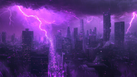 A stormy night with purple lightning bolts illuminating the cityscape, creating a dynamic and electrifying scene as the lightning highlights the buildings and streets.の素材