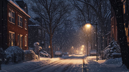 A serene street at night after a snowfall, with untouched snow glistening under the dim glow of streetlights. -の素材
