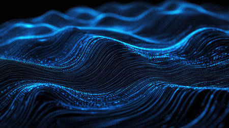 Black background with undulating blue lines of particles forming an abstract digital interface, ideal for modern tech and communication visuals.の素材