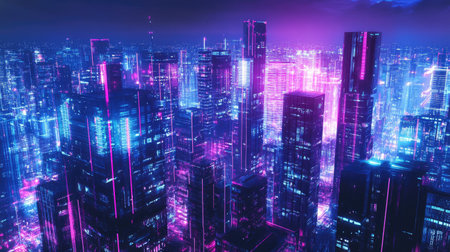 Abstract digital high-tech cityscape with panoramic view of neon-lit urban buildings and futuristic architectural designs.の素材