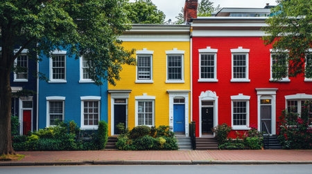 Brightly colored row houses on a quiet, tree-lined street.の素材