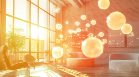 Bright and airy room with a group of luminous chat bubbles floating in mid-air, creating a sleek digital communication atmosphere.の素材