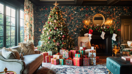 A family room decorated for the holidays, with a Christmas tree and a variety of gift boxes in festive paper piled beneath it.の素材