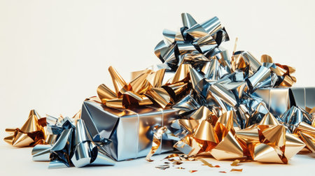 A creative arrangement of gifts with metallic ribbons and bows, stacked into a festive pile on a white backdrop.の素材