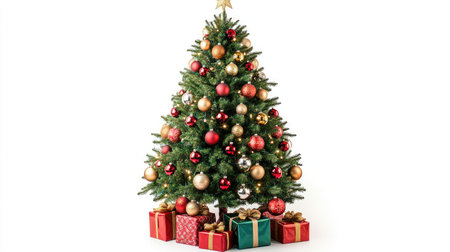 A beautifully decorated Christmas tree with colorful ornaments and presents underneath, isolated on a white background, evoking the joy and spirit of New Year celebrations.の素材