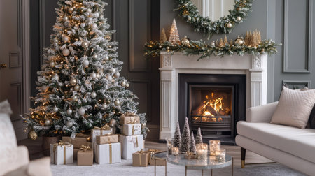 A beautiful Christmas setting in a stylish living room with a decorated tree, gift boxes under it, and a cozy fireplace adding warmth to the festive scene.の素材