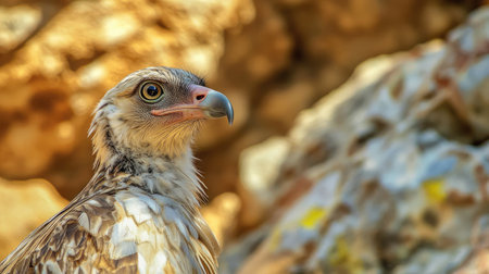A close-up of a juvenile Egyptian vulture, its sharp beak and soft brown feathers contrasting against the golden hues of Monfrage's rocky landscape.の素材