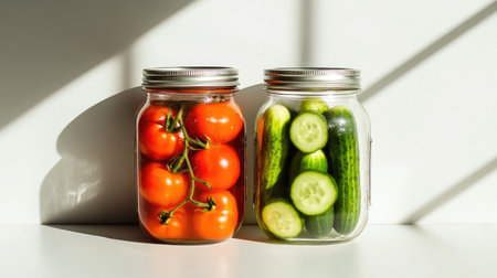 A clean, minimalistic shot of two glass jars, one with cucumbers and the other with tomatoes, placed on a white surface to highlight the bright preserved produce.の素材