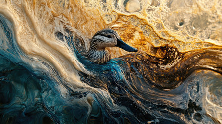 A close-up of a Marbled Duck's intricate plumage as it swims gracefully in Fuente de Piedra lagoon during sunset.の素材