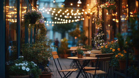 A charming outdoor caf with bistro tables, string lights, and potted plants, offering a relaxed, welcoming ambiance.の素材