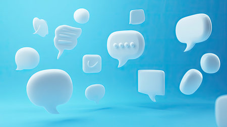 3D white speech bubbles and notification icons against a vibrant blue background. Ideal for highlighting social media alerts and digital message notifications. -の素材