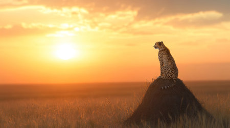 A cheetah perched on a termite mound, scanning the Serengeti savannah as the sun rises behind it.の素材