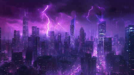 A stormy night with purple lightning bolts electrifying the city, casting a dramatic glow over buildings and streets, creating a mesmerizing urban scene.の素材