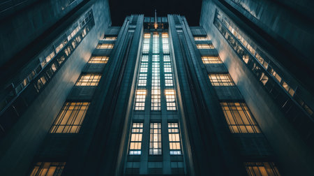 Art Deco building with geometric patterns and symmetrical design, illuminated by evening lights.の素材