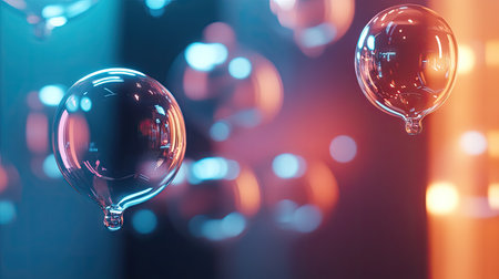 3D rendered shiny chat bubbles floating in an open room environment, reflecting light and creating a dynamic communication space. Perfect for digital interaction themes.の素材