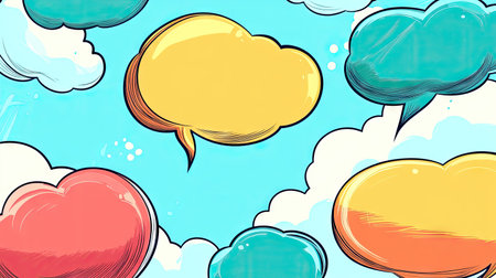 Cartoon-style speech bubble and message box illustrations with outline doodle designs and empty text areas. Ideal for chat design and messaging graphics.の素材