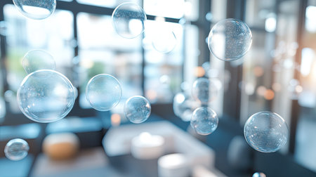 Cluster of shimmering chat bubbles drifting in a modern, well-lit room, showcasing the future of digital communication and interaction.の素材