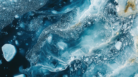 A breathtaking aerial view of Jkulsrln Glacier Lagoon, showcasing the interplay of floating blue ice, clear waters, and nearby glaciers.の素材